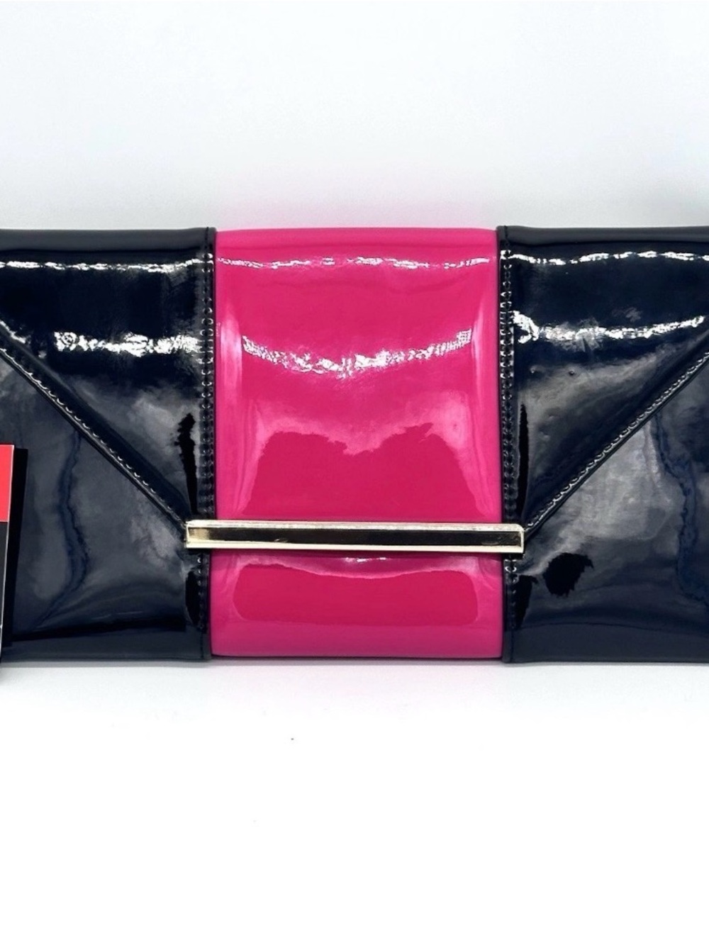 JNB Black & Hot Pink Patent Faux Leather Envelope Clutch Evening Handbag